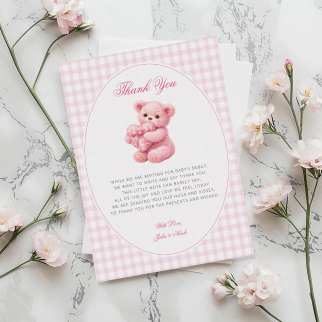 Invitación Oso de peluche de gingham rosa Cumpleaños neutral  (Subido por el creador)