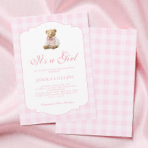 Oso de peluche de gingham rosa Es una niña Cumplea