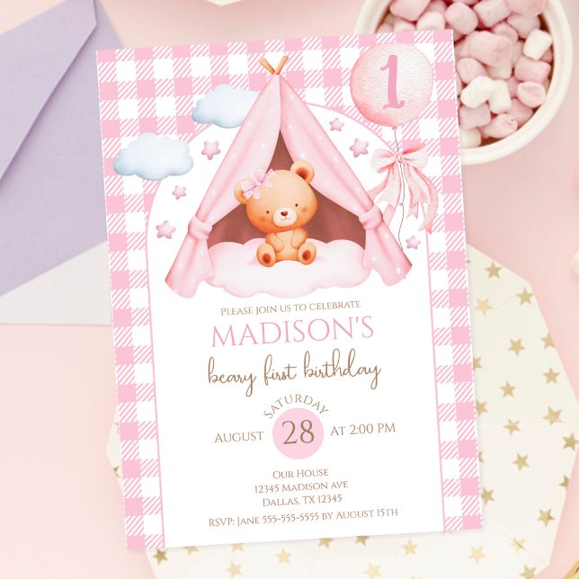 Invitación Oso de peluche de gingham rosa Globo niña Cumpleañ (Subido por el creador)