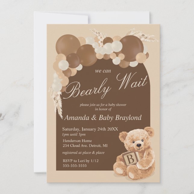Invitación Oso de peluche de hierba de Pampas Boho marrón (Anverso)