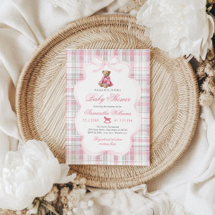 Invitación Oso de peluche de lujo a cuadros rosados para baby