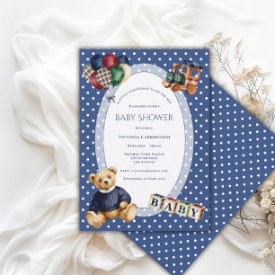Invitación Oso de peluche de lunares azules y blancos Juguete