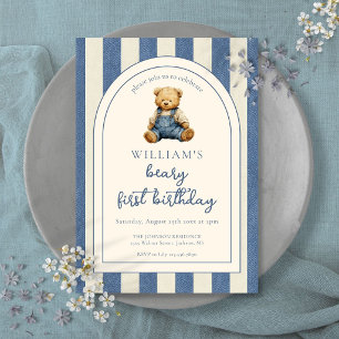 Invitación Oso de peluche de mezclilla para 1er cumpleaños