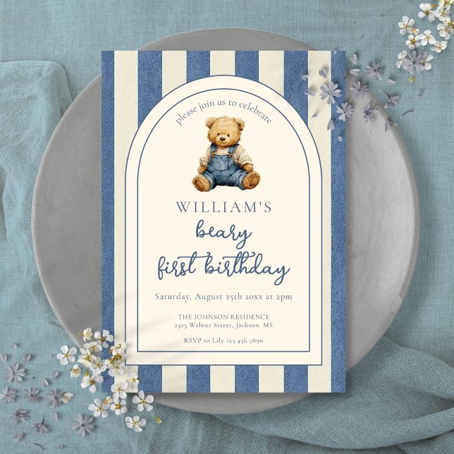 Invitación Oso de peluche de mezclilla para 1er cumpleaños (Blue Jean Denim Teddy Bear 1st Birthday Invitation
)