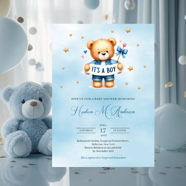 Invitación Oso de peluche de moda es una ducha de bebé (it's a boy cute teddy bear baby shower invitation)