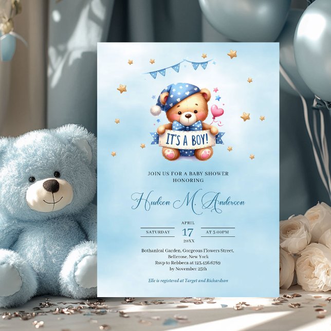 Invitación Oso de peluche de moda es una ducha de bebé (cute teddy bear holding ribbon it's a boy baby shower invitation)