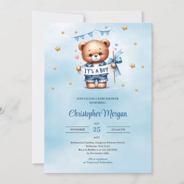 Invitación Oso de peluche de moda es una ducha de bebé (Anverso)