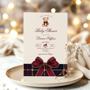 Invitación Oso de peluche de Navidad en cuadros rojos vino Re