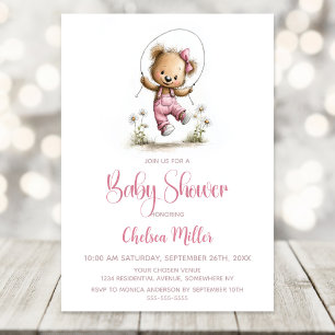 Invitación Oso de peluche de niña linda jugando con la cuerda