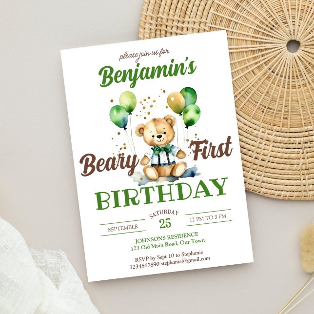 Invitación Oso de peluche de primer cumpleaños fiesta marrón  (Beary first teddy bear birthday party template invitation digital download cute teddy with bow tie)