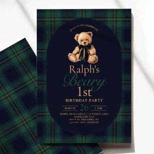 Invitación Oso de peluche de tartán cumpleaños 1