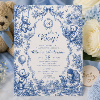 Invitación Oso de peluche de toile azul elegante Es una ducha
