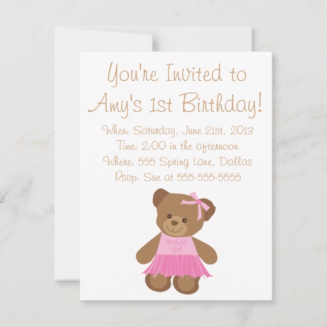 Invitación Oso de peluche del cumpleaños con el tutú rosado (Anverso)