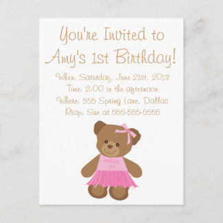 Invitación Oso de peluche del cumpleaños con el tutú rosado