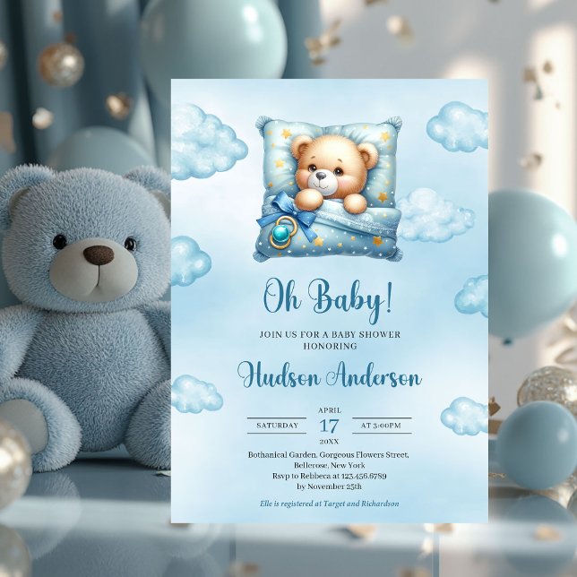 Invitación Oso de peluche dormido azul marrón Niño (cute sleeping teddy bear - boy baby shower invitation heart shaped font)