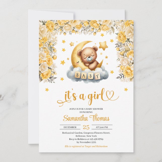Invitación Oso de peluche dormido chica de flores amarillas d (Anverso)