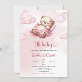 Invitación Oso de peluche dormido con cielo rosa y nubes