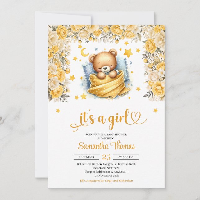 Invitación Oso de peluche dormido flor amarilla chica bebé du (Anverso)