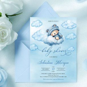 Invitación Oso de peluche durmiendo en acuarela sobre la nube
