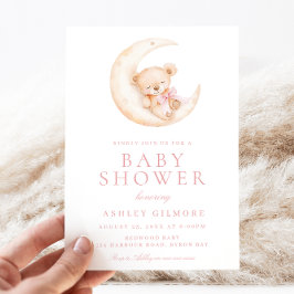 Invitación Oso de peluche durmiendo en el Baby Shower rosa de