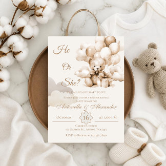 Invitación Oso de peluche él o ella con globos Revelación del