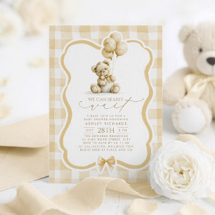 Invitación Oso de peluche Elegante Cuadro Marrón Claro Baby S