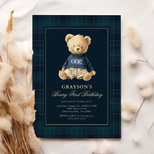 Invitación Oso de peluche elegante cumpleaños 1 año