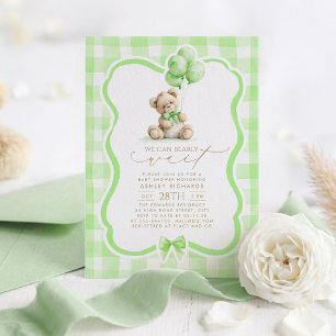 Invitación Oso de peluche Elegante Gingham Verde Salvia Baby 