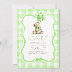 Invitación Oso de peluche Elegante Gingham Verde Salvia Baby 