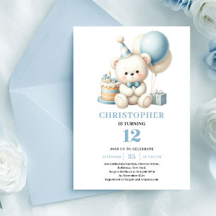Invitación Oso de peluche elegante globos azules cumpleaños d