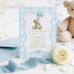 Invitación Oso de peluche Elegante Pastel Azul Cuadro Baby Sh