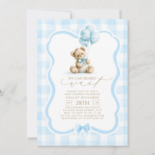 Invitación Oso de peluche Elegante Pastel Azul Cuadro Baby Sh