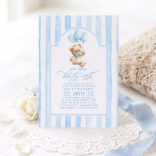 Invitación Oso de peluche Elegante Pastel Azul Rayas Baby Sho