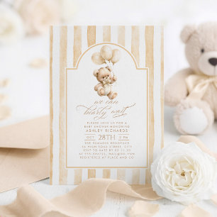 Invitación Oso de peluche elegante rayas marrón claro Baby Sh