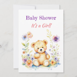 Invitación Oso de peluche en Baby Shower, Chica de flores