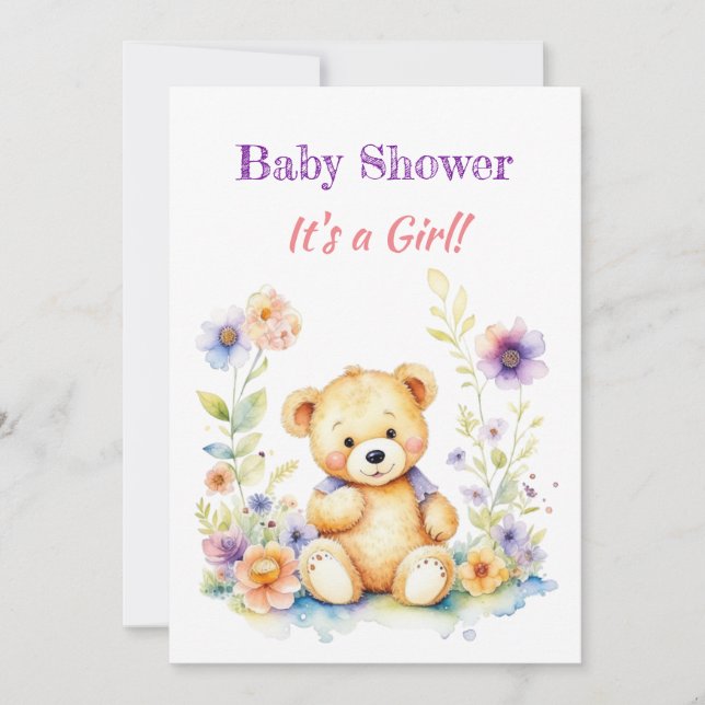 Invitación Oso de peluche en Baby Shower, Chica de flores (Anverso)