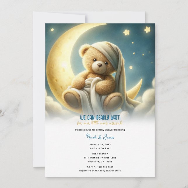 Invitación Oso de peluche en Baby Shower sobre estrellas bril (Anverso)