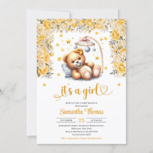 Invitación Oso de peluche en cuna flores amarillas chica duch