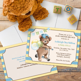 Invitación Oso de peluche en Scooter, Baby Shower a rayas