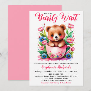 Invitación Oso de peluche en taza de té, apenas espera, rosa,