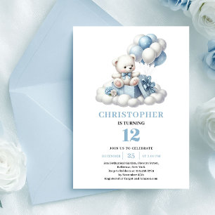 Invitación Oso de peluche encantador globos azules cumpleaños