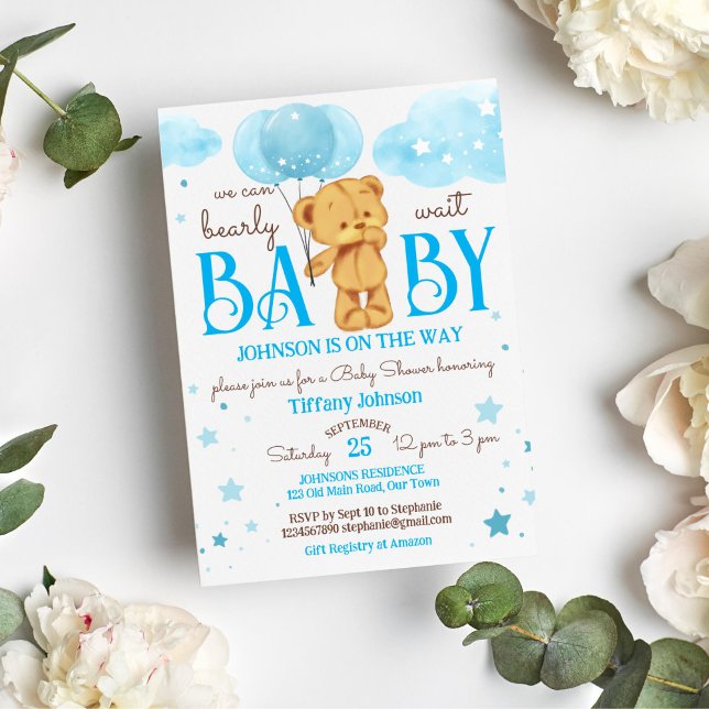 Invitación Oso de peluche espera ducha de bebé azul y marrón (Teddy bear bearly wait baby shower template invitation instant download it's a boy blue and brown)