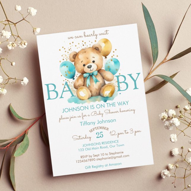 Invitación Oso de peluche espera la ducha de bebé marrón azul (Cute teddy bear with balloons bearly wait baby shower template invitation instant download teal gold)