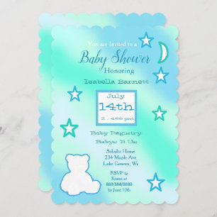 Invitación Oso de peluche, estrellas y azul y verde lunar