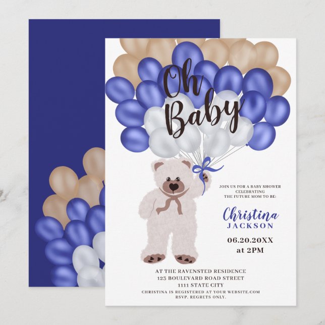 Invitación Oso de peluche fango azul marino globos de bebé du (Anverso / Reverso)