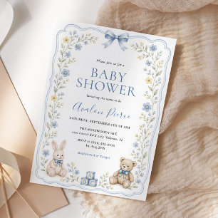 Invitación Oso de peluche floral azul conejito guardería baby