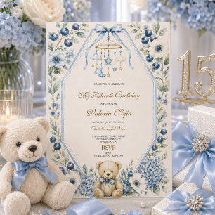 Invitación Oso de peluche floral azul Cumpleaños quince 