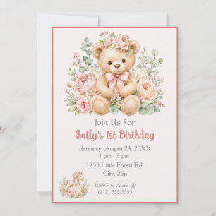 Invitación Oso de peluche floral diseño pastel cumpleaños per
