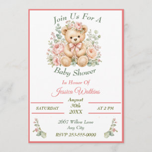 Invitación Oso de peluche floral lindo Baby Shower Rosa Verde