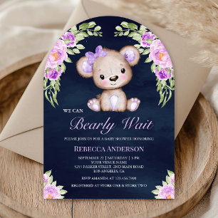 Invitación Oso de peluche floral púrpura Arco azul marino Bab